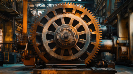 A large industrial gear sits prominently in a historic factory setting, showcasing its intricate details and the beauty of aged metal. Ideal for industrial themes.の素材