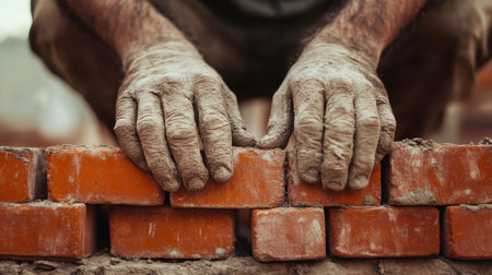 A close-up view of a construction worker's hands laying bricks. The hands show dirt and dust, emphasizing the physical labor involved in masonry work.の素材
