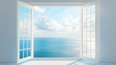 Experience the serene beauty of an open window revealing a stunning ocean view. Bright blue skies, fluffy clouds, and peaceful waters create a tranquil escape.の素材