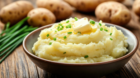 Enjoy a bowl of creamy mashed potatoes topped with butter and chives, a perfect side dish for any meal. This rustic food evokes comfort and warmth.の素材
