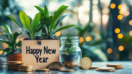 Celebrate the new year with a vibrant display of green plants, coins, and a cheerful message. This warm arrangement symbolizes growth and prosperity for the upcoming year.の素材