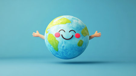 This cheerful cartoon earth character features vibrant colors, a smiling face, and outstretched arms. Perfect for themes of joy, environmental awareness, and sustainability.の素材