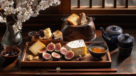 A beautiful still life of gourmet cheese and fresh figs paired with tea showcases an elegant dining experience. Decorative spring flowers and rustic elements enhance the appeal.の素材