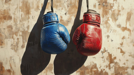 A striking image of red and blue boxing gloves suspended on a textured wall. The composition highlights shadows, evoking a sense of competition and determination.の素材