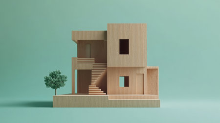 This unique wooden model house showcases minimalist design elements against a soft green background, perfect for architectural concepts and creative projects.の素材