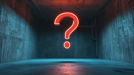 A striking neon question mark illuminates a dark industrial room, creating an intriguing atmosphere of mystery and curiosity. The glowing symbol invites exploration.の素材