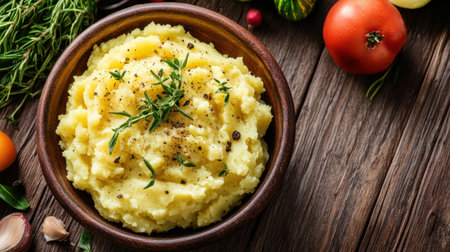 A visually appealing close-up of creamy mashed potatoes topped with fresh herbs. Perfect for showcasing comfort food ideas and rustic dining experiences.の素材