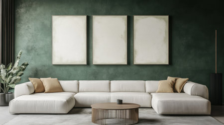 A stylish modern living room featuring a spacious white sofa, neutral cushions, and a minimalist coffee table, complemented by a deep green wall and blank frames.の素材