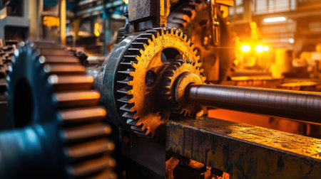 This close-up image showcases intricate industrial gears in a factory setting, highlighting the mechanical details and warm lighting that enhance the industrial atmosphere.の素材