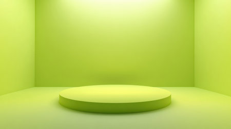 A modern minimalist studio space featuring a vibrant green color scheme and a round platform, ideal for presentations and artistic displays.の素材