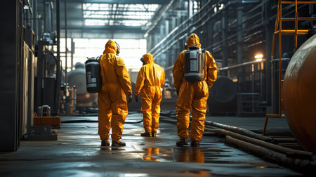 Workers in bright protective gear navigate through an industrial facility, showcasing teamwork and commitment to safety amid machinery and equipment.の素材