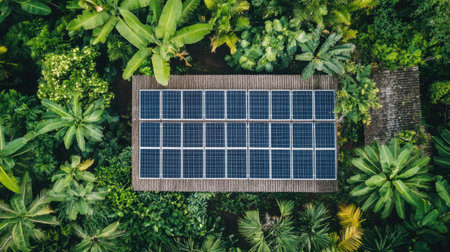 Aerial view of solar panels installed on a roof, surrounded by vibrant tropical plants. This image represents renewable energy efforts and sustainable living practices in harmony with nature.の素材