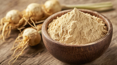 A wooden bowl filled with finely ground herbal powder sits beside fresh roots, showcasing a rustic and natural look perfect for health and wellness themes.の素材