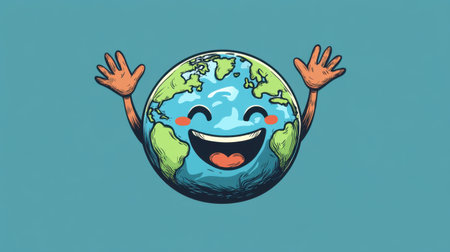 A cheerful cartoon earth character features a smiling face and outstretched arms, symbolizing joy and positivity. Ideal for eco-friendly themes.の素材