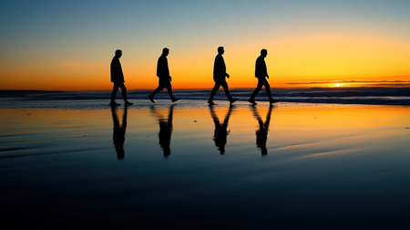This stunning image captures silhouetted figures walking along the beach during a vibrant sunset, reflecting serene colors on the water's surface, evoking calm and tranquility.の素材
