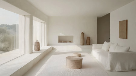 Bright and airy minimalist living room featuring soft textures, large windows, and earthy decor elements, creating a serene and inviting atmosphere.の素材