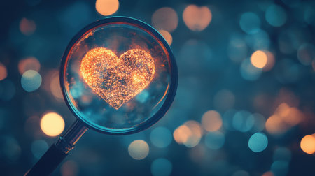 A close-up view of a sparkling heart seen through a magnifying glass, surrounded by a dreamy bokeh background. This image captures the essence of love and magic.の素材