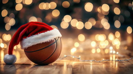 A festive basketball wearing a Santa hat rests on a wooden floor, surrounded by twinkling Christmas lights, creating a joyful and playful holiday atmosphere.の素材