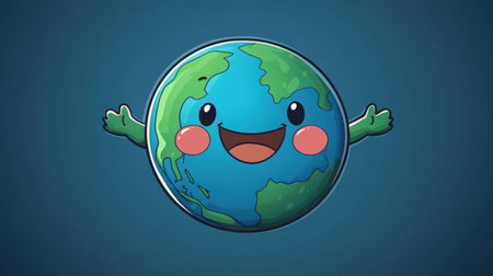This vibrant and cheerful cartoon illustration features a happy earth character with a bright smile and outstretched arms, symbolizing joy and friendship with the planet.の素材