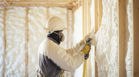 A construction worker applies spray foam insulation to walls, enhancing energy efficiency. The professional is equipped with safety gear, ensuring a secure working environment.の素材