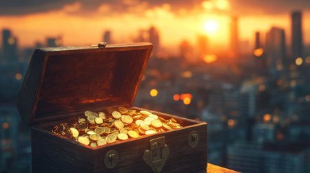 A treasure chest overflowing with gold coins, set against a stunning urban sunset. The scene evokes wealth, adventure, and the allure of hidden riches.の素材