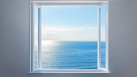 A peaceful view from an open window showcasing a serene ocean landscape under a bright sky. Perfect for evoking feelings of relaxation and tranquility.の素材