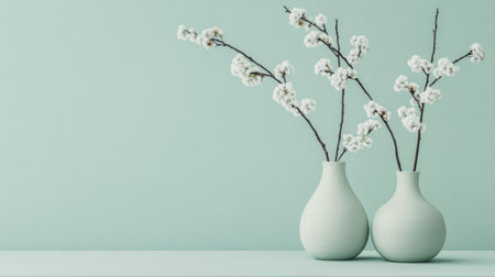 A serene and minimalist composition featuring stylish vases with blooming branches against a soft green backdrop, perfect for home decor inspiration.の素材