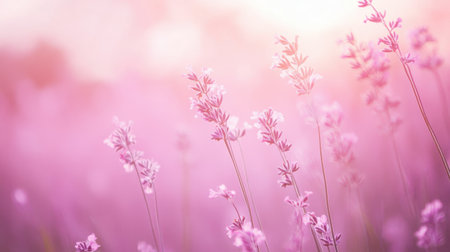A serene view of soft pink lavender flowers swaying gently in the breeze. The pastel sunset adds a warm glow, creating a tranquil atmosphere perfect for relaxation.の素材