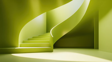A stunning spiral staircase in a vibrant green space offers a blend of modern design and minimalism. The elegant lines create a calming atmosphere.の素材