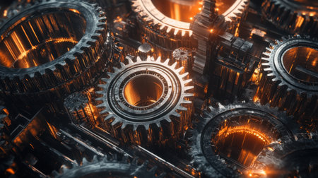 Explore the intricate details of metallic gears, showcasing a stunning interplay of light and texture. This close-up image highlights industrial design and engineering brilliance.の素材