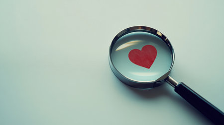 A close-up image of a magnifying glass highlighting a vibrant red heart symbol against a clean white background, representing love and passion.の素材