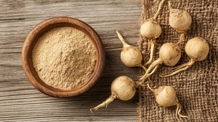 Explore the earthy essence of herbal ingredients with ground powder and fresh roots on a rustic wooden background, ideal for health and wellness themes.の素材