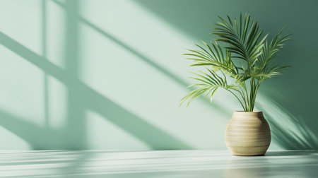 A stylish potted plant positioned against a soft green wall, casting shadows in natural light, perfect for enhancing any contemporary interior space.の素材