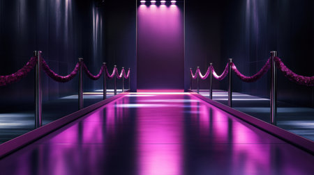 A stunning fashion runway scene featuring rich purple lighting and velvet ropes, creating an elegant atmosphere perfect for high-end events and showcases.の素材