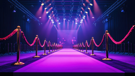 Stunning fashion runway featuring bright lights, purple carpet, and red ropes. This vibrant scene captures the essence of glamour and elegance in an event setting.の素材