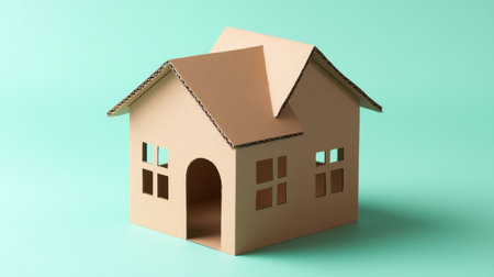A creative cardboard house model captured against a light green backdrop, perfect for arts and crafts projects, educational purposes, or decorative inspiration.の素材