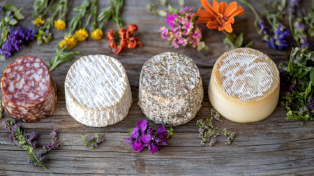 An inviting display of artisan cheeses complemented by fresh herbs and colorful flowers on a rustic wooden table, evoking a sense of summer festivities and gourmet enjoyment.の素材