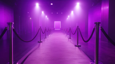 A captivating pathway features vibrant purple lights and soft fog, creating a mysterious ambiance perfect for events, parties, or artistic spaces.の素材