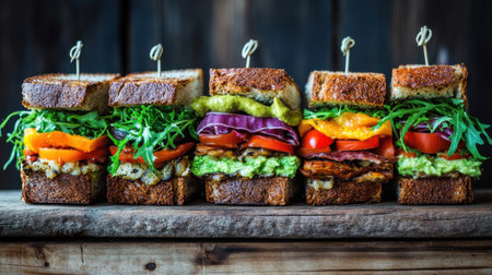 A vibrant array of layered sandwiches showcasing fresh vegetables and rich textures. Perfect for lunch or any gathering, this image highlights healthy eating.の素材