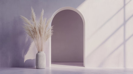 This image showcases a minimalist interior featuring an archway and pampas grass in a serene vase, illuminated by soft, warm light that creates a tranquil atmosphere.の素材