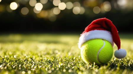 A vibrant green tennis ball wearing a Santa hat placed on fresh grass, perfect for capturing the festive spirit of sports during the holiday season.の素材