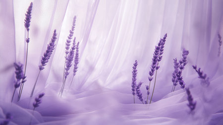 A tranquil scene featuring lavender blossoms gracefully positioned against soft, sheer fabric. This image evokes feelings of calmness and beauty, perfect for decor or relaxation themes.の素材