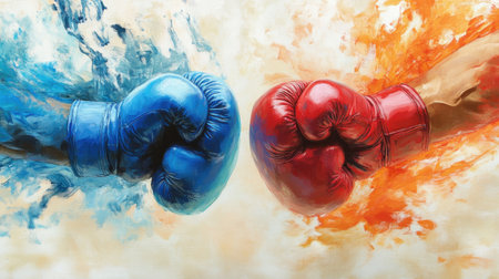This vibrant artwork features blue and red boxing gloves colliding, symbolizing competition and strength. The dynamic colors evoke motion and energy, making it ideal for sports themes.の素材
