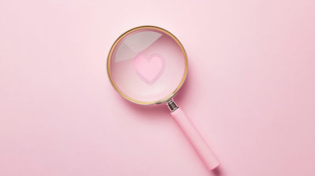 A pink magnifying glass showcases a heart design set against a soft pink background. This image captures themes of love and curiosity, perfect for romantic concepts.の素材