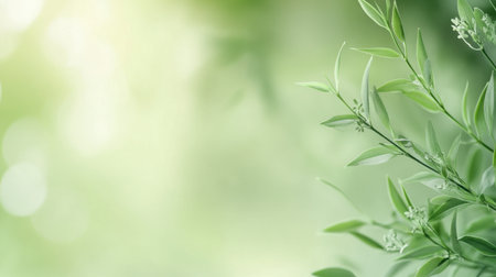 This serene image features lush green leaves gracefully illuminated by natural light, creating a peaceful background perfect for nature-themed projects or designs.の素材