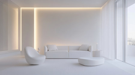 A modern minimalist living room featuring a white sofa, elegant lighting, and soft textures, creating a serene atmosphere ideal for relaxation and comfort.の素材