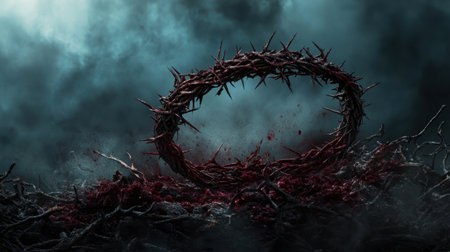 A striking image of a crown of thorns encompassed by dark mist and twisted branches, evoking feelings of despair and spirituality, ideal for dramatic themes.の素材