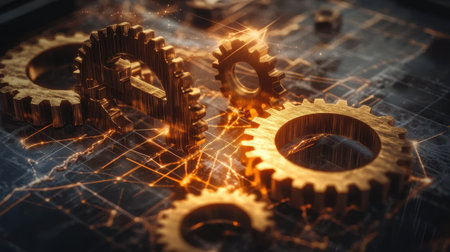 Close-up view of golden gears positioned on a circuit board backdrop, symbolizing innovation in technology and engineering, highlighting movement and design.の素材