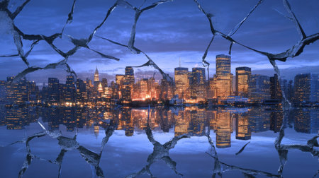 A stunning city skyline reflected in calm water, framed by intricately cracked glass, creating a unique artistic metaphor of urban beauty and natural artistry.の素材