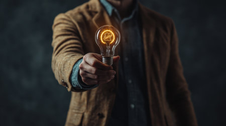 A businessman presents a glowing light bulb, symbolizing creativity and innovation. The image captures the essence of ideas and the power of thought in a professional environment.の素材